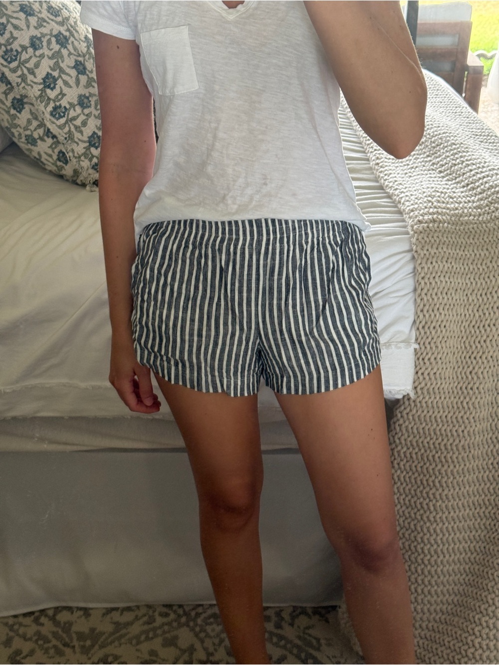 Blue and White Striped linen Shorts